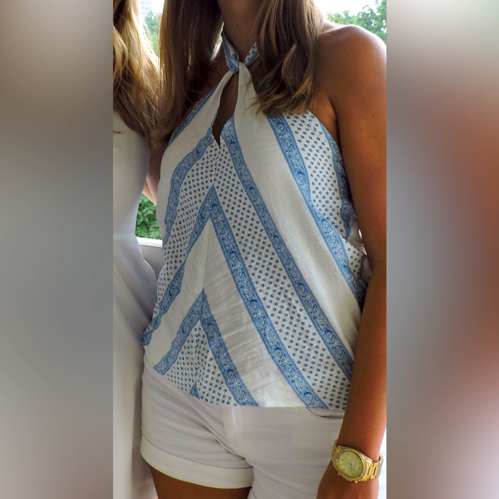 Line + Dot Blue and White Tie Neck Tank